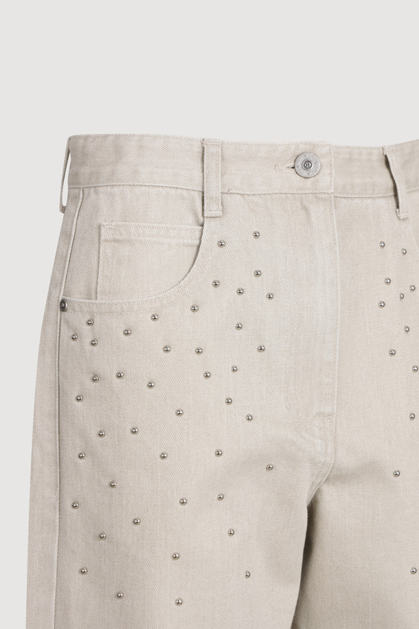 LUCKY CHOUETTE - 롱/미디팬츠 - Stud Decoration Denim Pants (light beige)