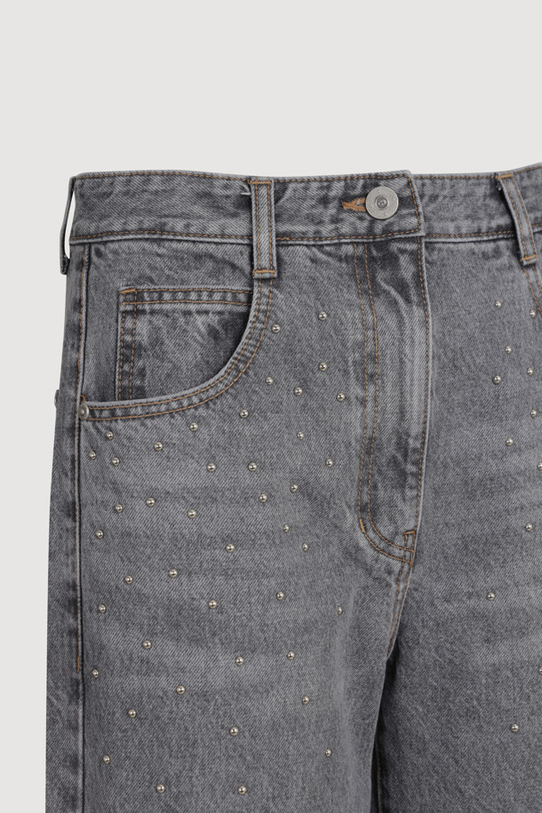 LUCKY CHOUETTE - 롱/미디팬츠 - Stud Decoration Denim Pants (light grey)