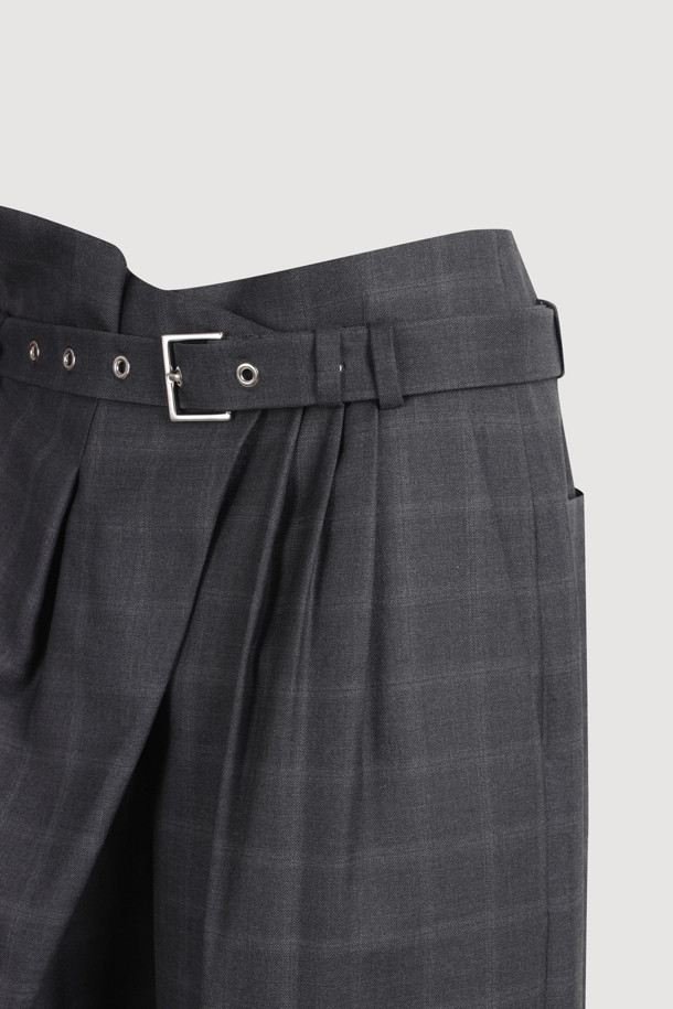 LUCKY CHOUETTE - 롱/미디팬츠 - [Atelier] Obi Point Check Wide Pants (grey)