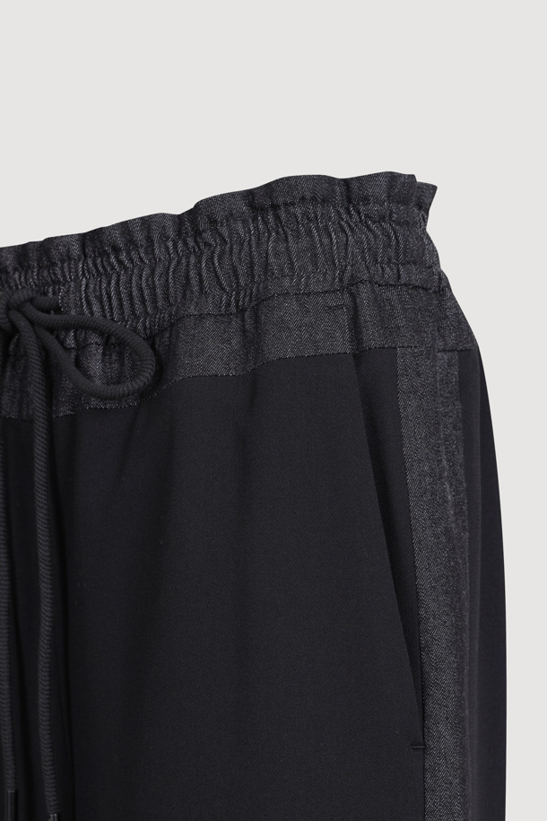 LUCKY CHOUETTE - 롱/미디팬츠 - Waist Color Banding Wide Pants (black)