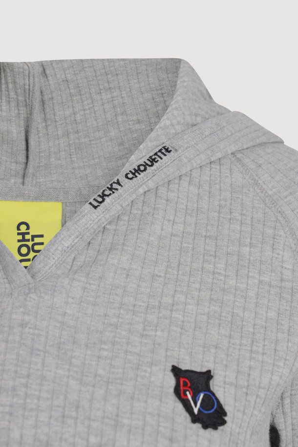 LUCKY CHOUETTE - 후디 - [Re-Order] Embroidered Point Rib Hooded T-shirt (melange grey)