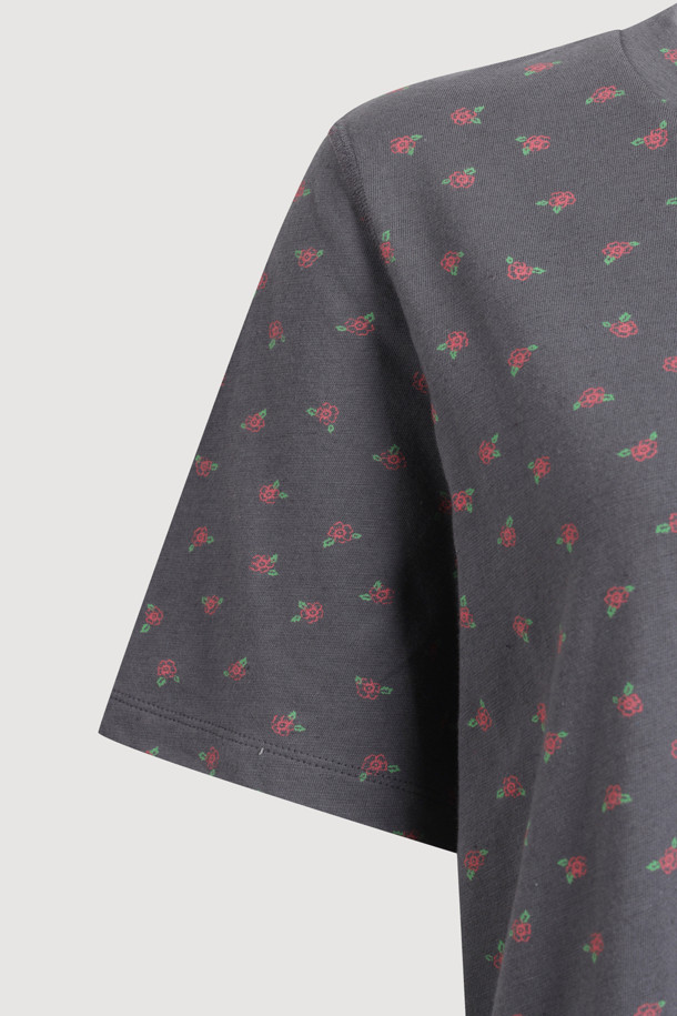 LUCKY CHOUETTE - 반소매 티셔츠 - Flower Print Basic Half Sleeve T-shirt (dark grey)