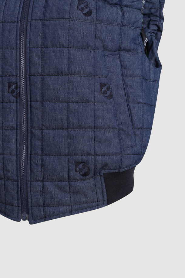 LUCKY CHOUETTE - 패딩 - Emblem Quilting Denim Like Padded Vest (blue)