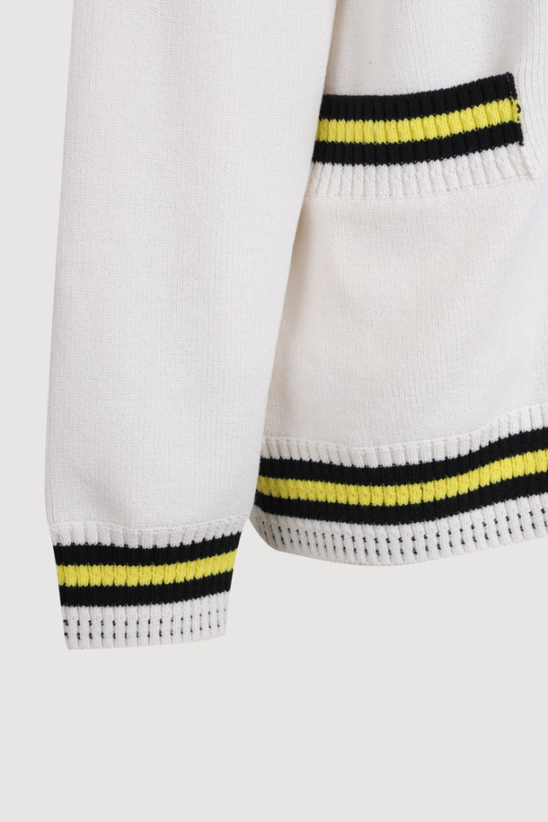 LUCKY CHOUETTE - 가디건 - Color Line Back Lettering Knit Cardigan (ivory)