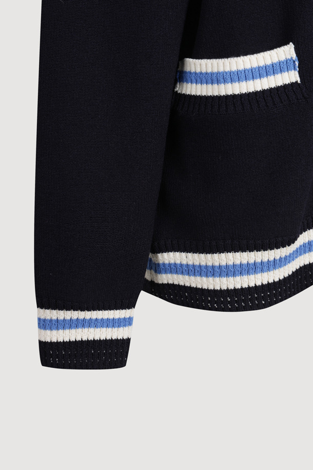 LUCKY CHOUETTE - 가디건 - Color Line Back Lettering Knit Cardigan (dark navy)