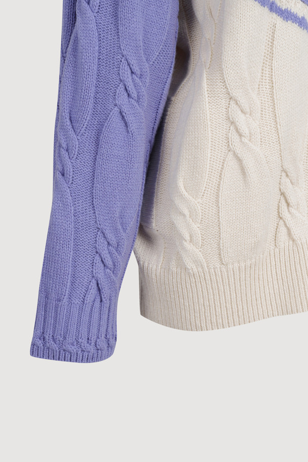 LUCKY CHOUETTE - 가디건 - Half Colored Cable Jumper-Type Knit Cardigan (violet)