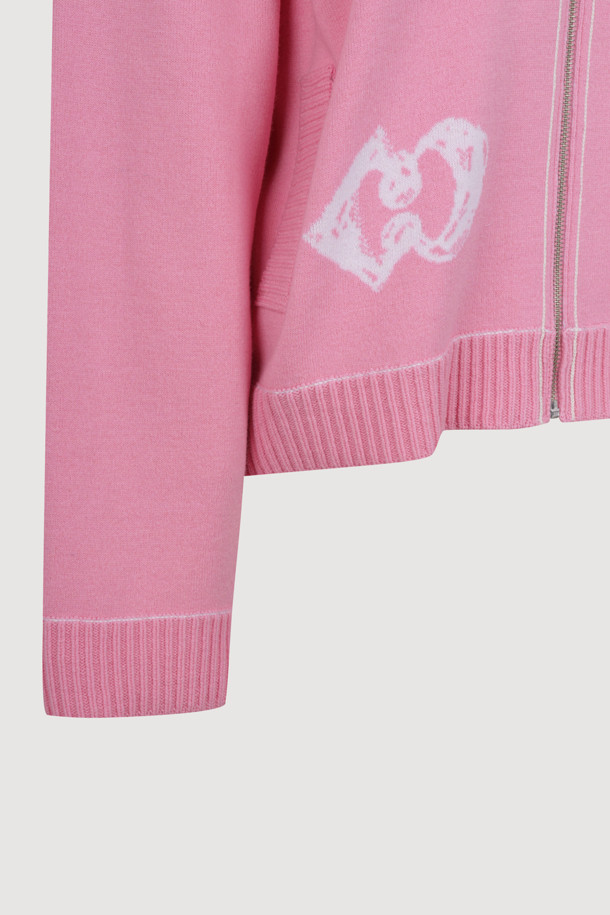 LUCKY CHOUETTE - 가디건 - V-neck Zip-up Knit Cardigan (pink)