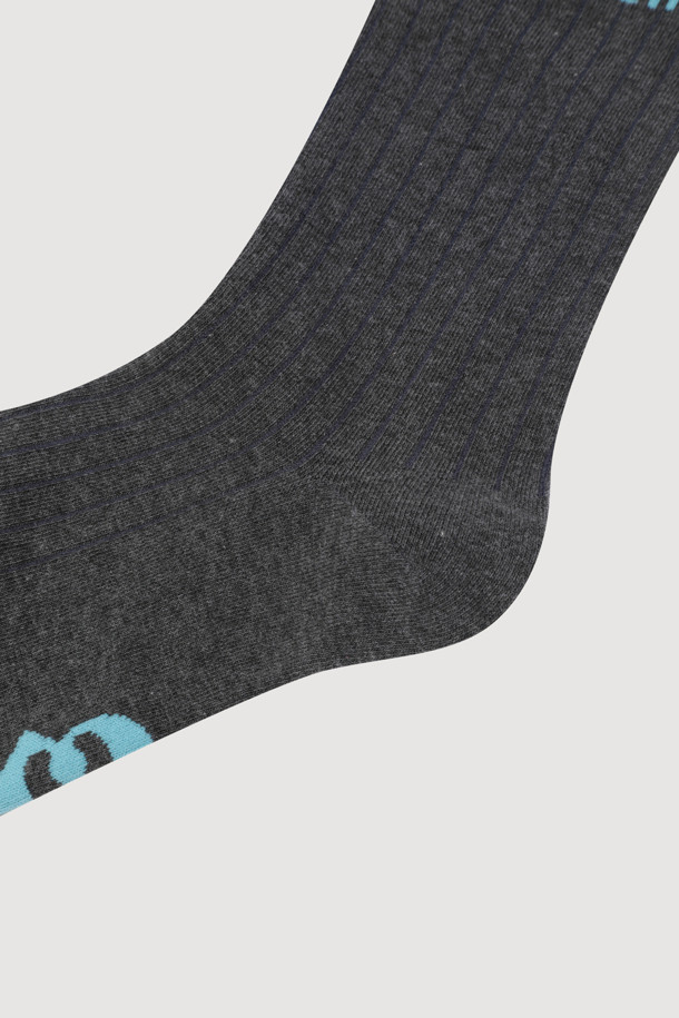 다크 그레이 컬러의 Ankle Ringle 골지 양말입니다. 면 소재로 제작되었으며, 발목 상단 링글 디테일과 바닥 엠블럼 자카드 디자인이 특징입니다. 일상 생활에서 편안하게 착용할 수 있는 아이템입니다.
