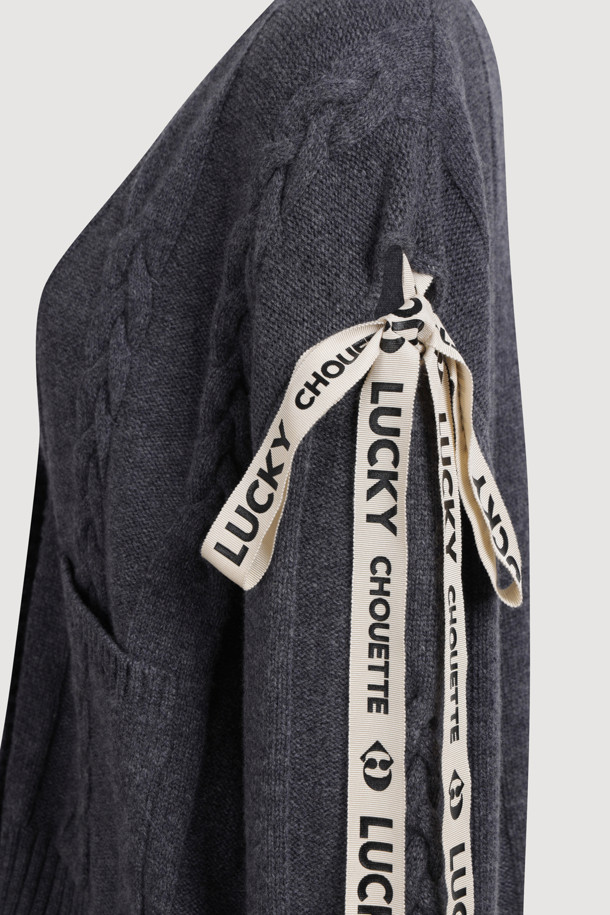 LUCKY CHOUETTE - 니트/가디건 - Logo Tape Cable Cardigan (melange grey)