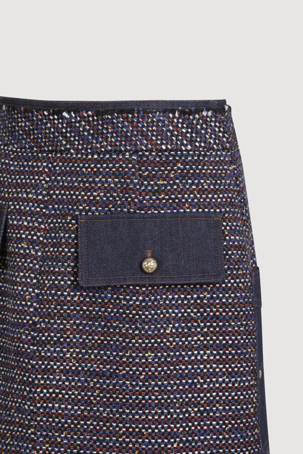 LUCKY CHOUETTE - 미니스커트 - Denim Patch Tweed Midi Skirt (dark navy)