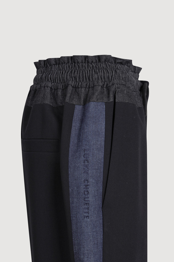 LUCKY CHOUETTE - 롱/미디팬츠 - [Re-Order] Waist Color Banding Wide Pants (black)