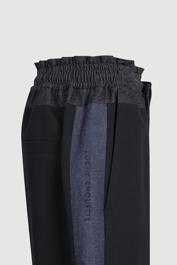 LUCKY CHOUETTE - 롱/미디팬츠 - Waist Color Canding Wide Pants (black)