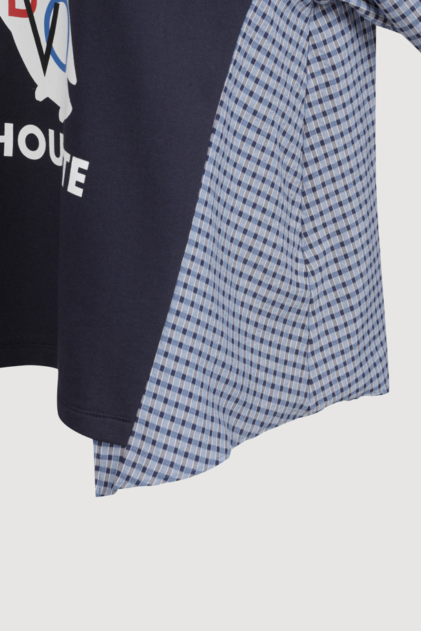 LUCKY CHOUETTE - 긴소매 티셔츠 - Checkered Sleeve MIX Long-Sleeved T-Shirt (dark navy)