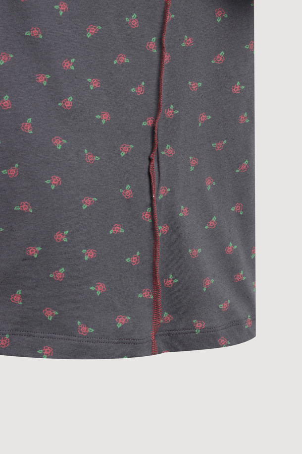 LUCKY CHOUETTE - 반소매 티셔츠 - Flower Print Basic Half Sleeve T-shirt (dark grey)