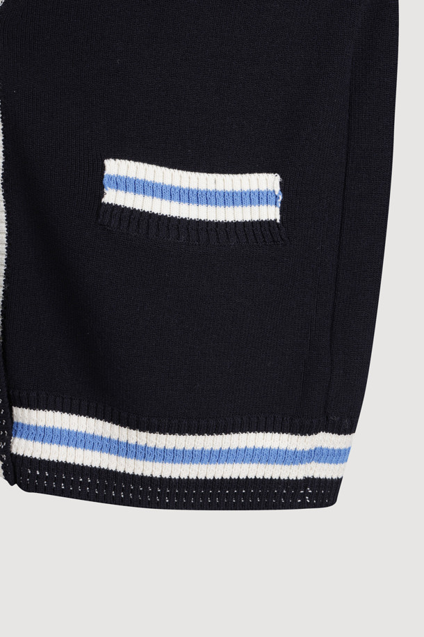 LUCKY CHOUETTE - 가디건 - Color Line Back Lettering Knit Cardigan (dark navy)