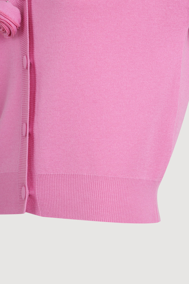 LUCKY CHOUETTE - 가디건 - Double Emblem Embroidery V Neck Knit Cardigan (pink)