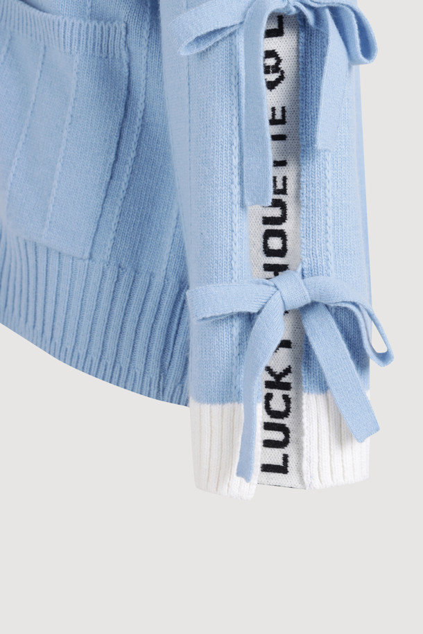 LUCKY CHOUETTE - 가디건 - Sleeve Ribbon Detail V-Neck Cardigan (blue)