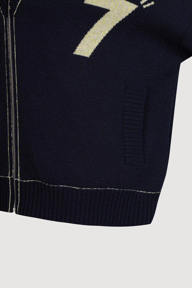 LUCKY CHOUETTE - 가디건 - V-neck Zip-up Knit Cardigan (dark navy)