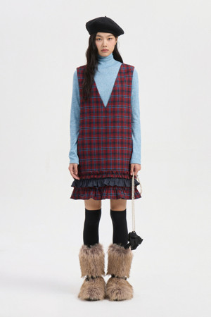 Color Block Check Mini Dress (red)