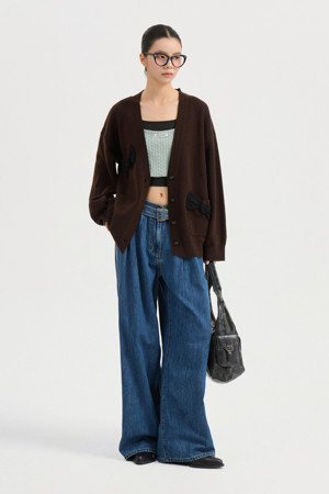 Wide Denim Pants (With Belt) (blue)