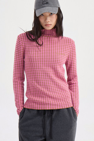 Gingham Check High Neck Knit Pullover (pink)