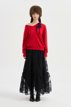 [Atelier] Flower Motive V Neck Knit Pullover (red)