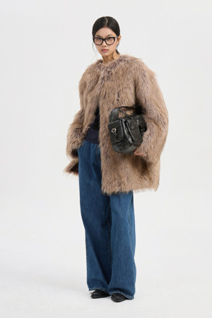 Fake Fox No Collar Coat (brown)