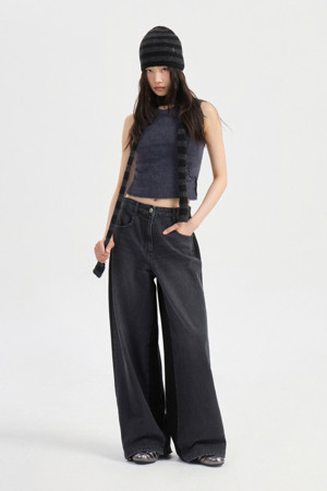 Jersey Mix Back Banding Denim Pants (black)