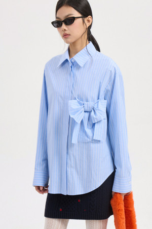 [Re-Order] Ribbon Point Stripe Shirts Blouse (blue)