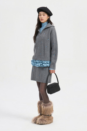 Cable Embroidery Collar Knit Pullover (melange grey)