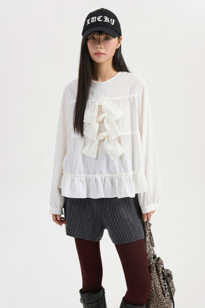 Ribbon Point Collarless Blouse (ivory)