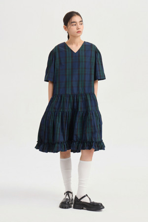 Sleeve Slit Check Half Sleeve Dress (green)