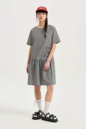 Half Sleeve Check Shirring Dress (black)