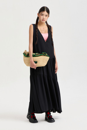 Ribbon Point Sleeveless Long Dress (black)