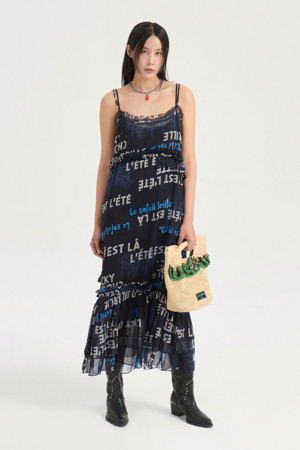 Lettering Print Slip Dress (dark navy)
