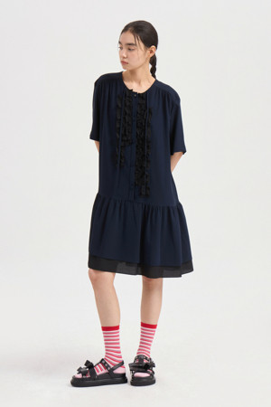Frill Half Sleeve Poly Dress (dark navy)