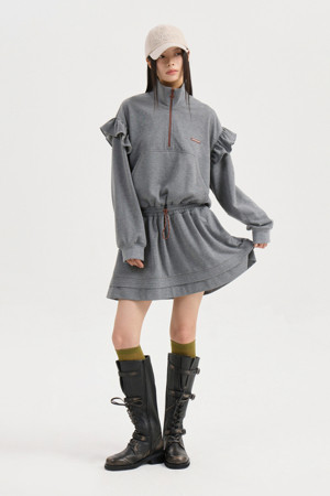 Shoulder Ruffle High Neck Dress (melange grey)