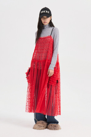 Dot Flocking Slip Dress (red)