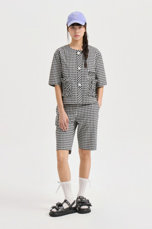 Gingham Check Round Neck Half Sleeve Jacket (black)