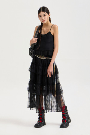 Lace Frill Banding Long Skirt (black)