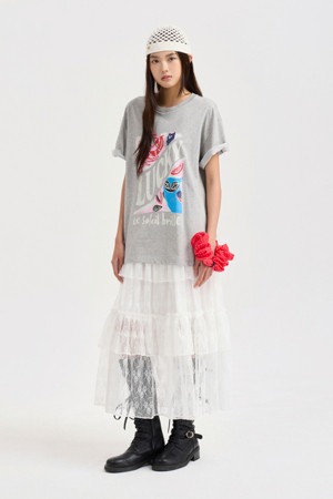 Lace Frill Banding Long Skirt (white)