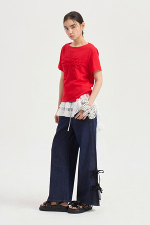 [Re-Order] Side Ribbon Wide Denim Pants (blue)