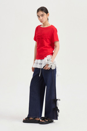 Side Ribbon Wide Denim Pants (dark blue)