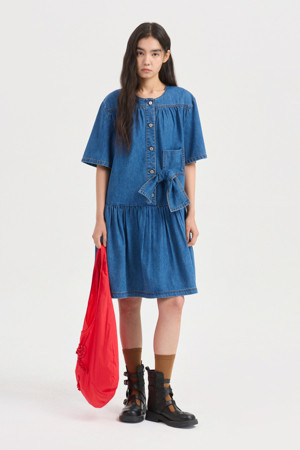 Ribbon Point Denim Half Sleeve Dress (dark blue)