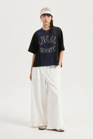Hem Frill Back Banding Wide Denim Pants (white)