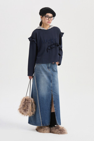 Pocket Ribbon Point Denim Long Skirt (blue)