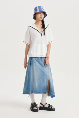 Oblique Incision Denim Long Skirt (blue)