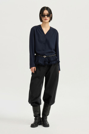 Shirring Point Poly Long Sleeve Blouse (dark navy)