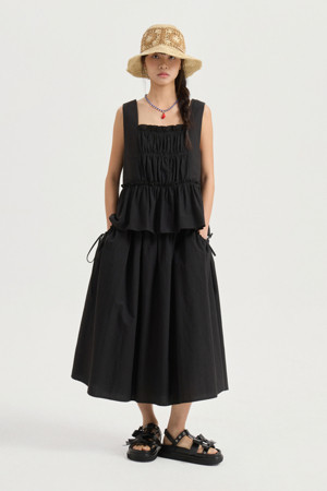 [Re-Order] Back Lettering Strap Shirring Top Blouse (dark black)