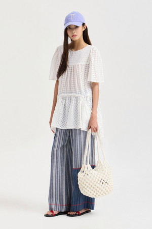 Hem Shirring Check Half Sleeve Blouse (white)